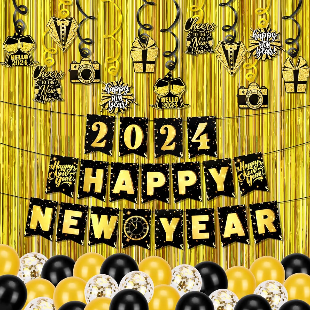 HOWAF Happy New Year Decorations 2023 Set 54 Pack Gold Fringe Backdrops 2023 Happy New Year Hanging Banner Happy New Year Hanging Swirl Decorations New Year Balloons 2023 New Year's Eve Party Supplies
