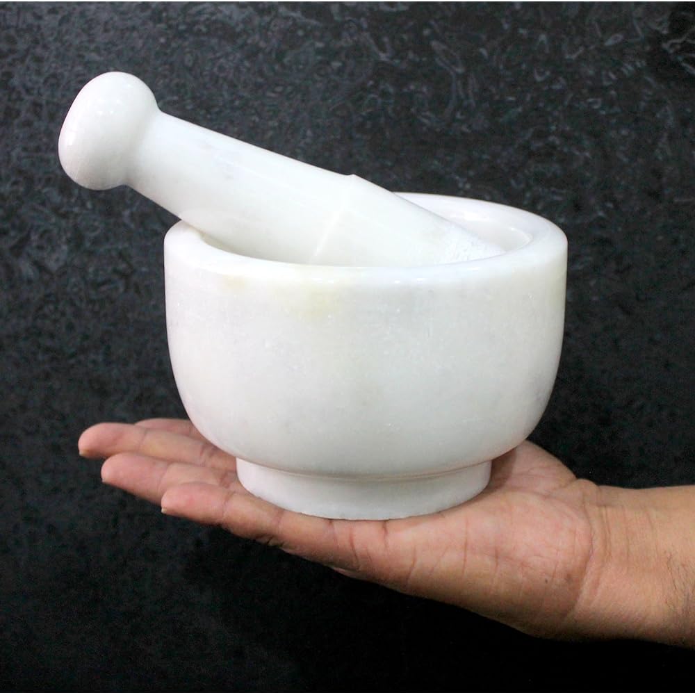 KLEO 5" Diameter Natural Stone Marble Mortar and Pestle Set Spice Grinder, Medicine Masher (White)
