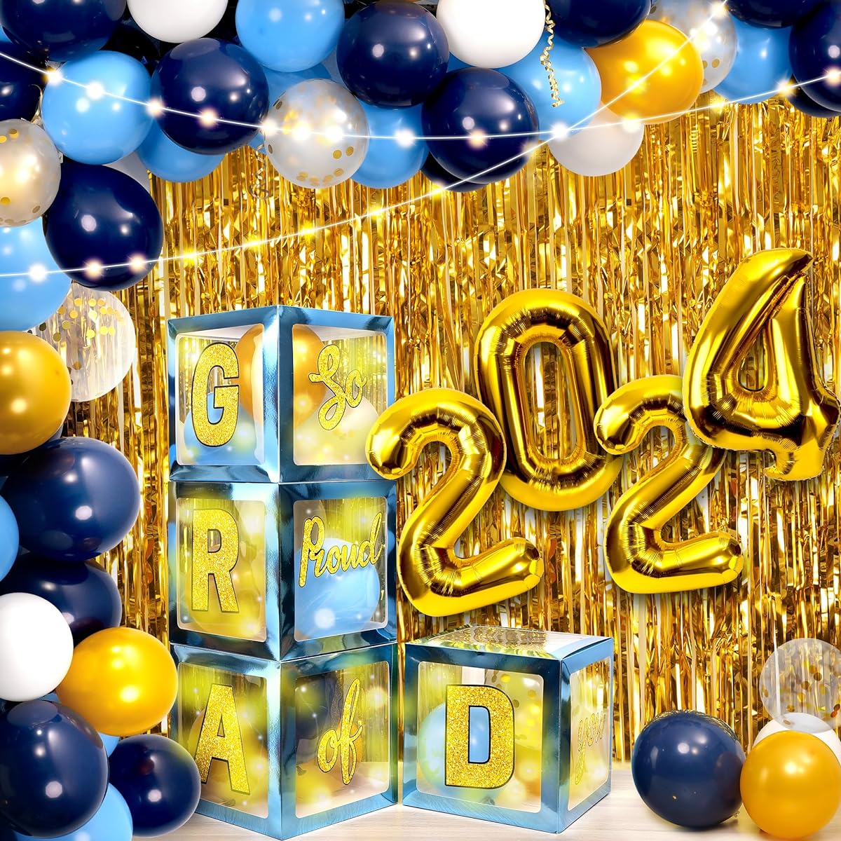 COAMZPARTY 2024 Graduation Party Decorations, 83pcs Graduation Party Supplies with 4 Graduation Balloon Boxes with Letters, 2 Red Foil Curtain Balloons, Garland Kit, 2024 Graduation Decorations (Blue)