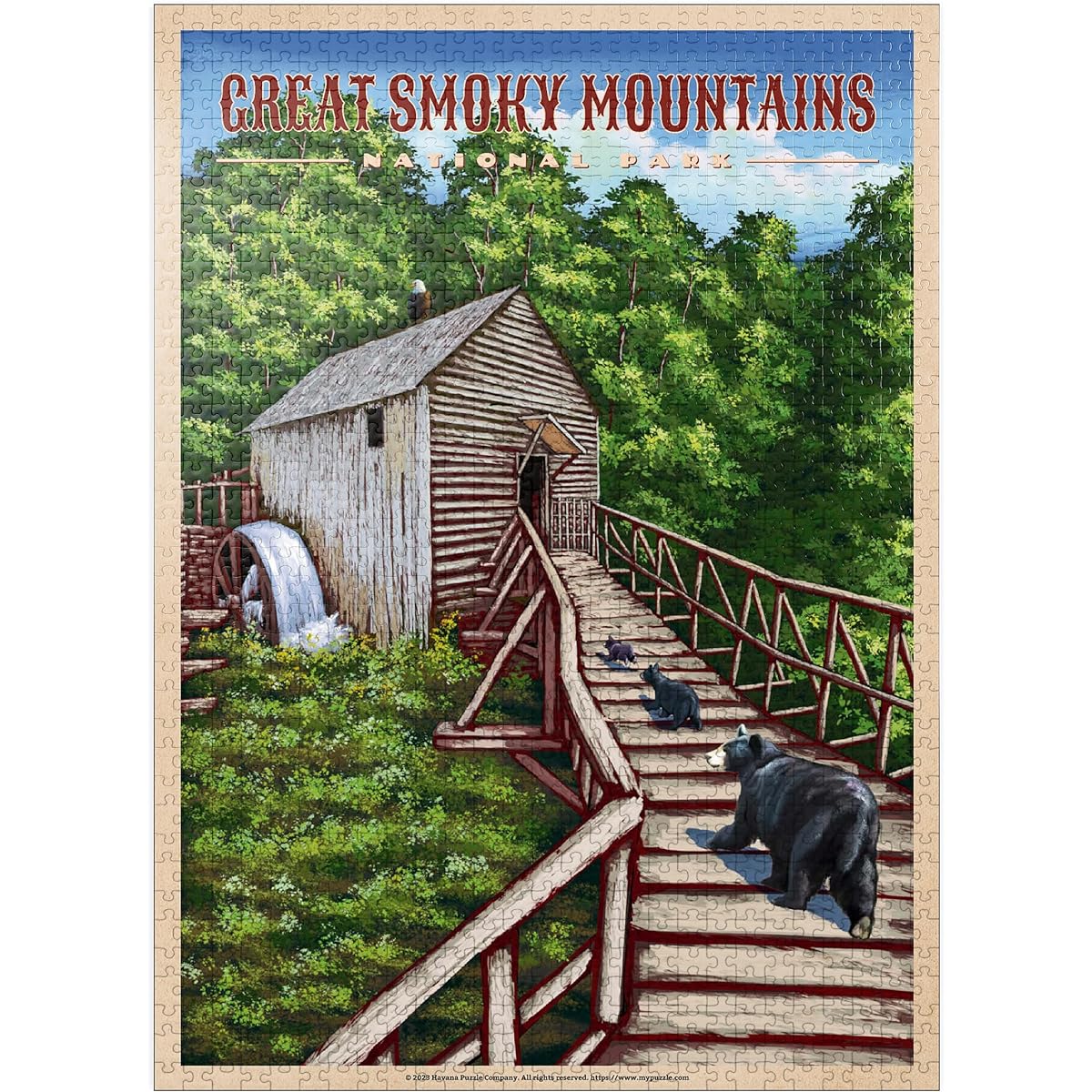 Great Smoky Mountains National Park - Enchanted Mill of the Smoky Highlands Vintage Travel Poster - Premium 1000 Piece Jigsaw Puzzle for Adults