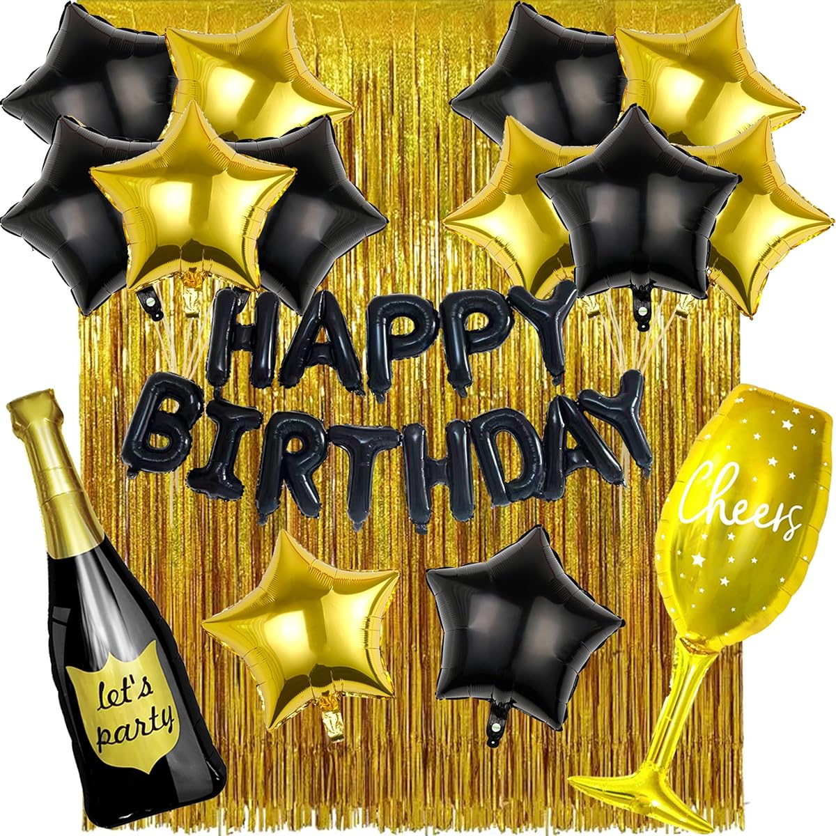 Black Gold Birthday Decorations for Women Men 29pcs Black Gold Star Balloons Foil Fringe Curtain Wine Balloons Boys Birthday Balloon Kit for 21st 25th 27th 30th 35th 40th 50th 60th Birthday Decorations