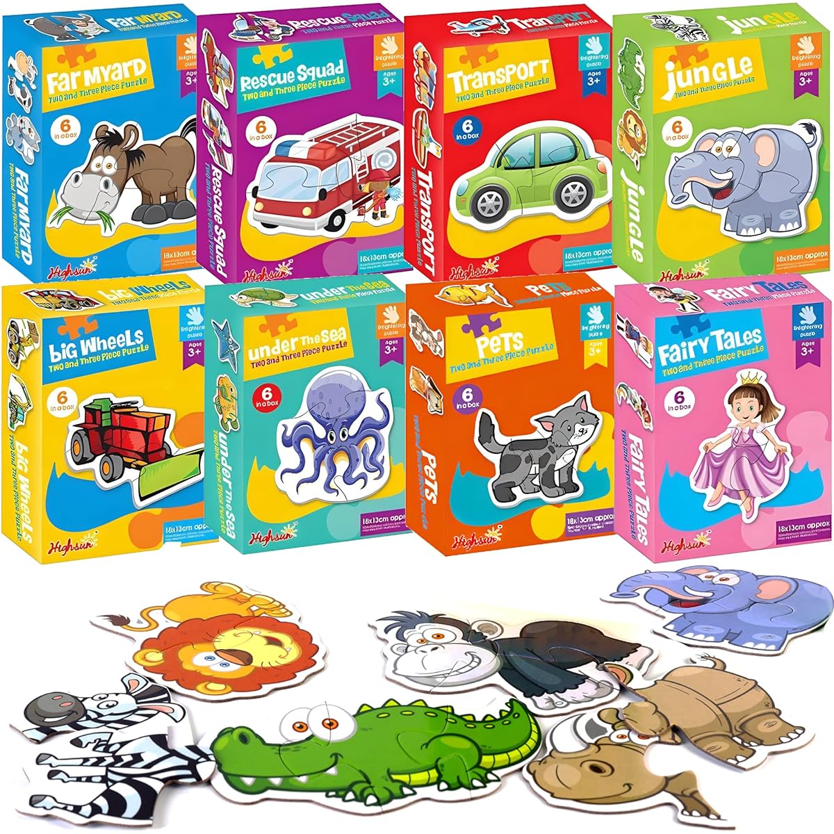 My First 48 Pack 2 & 3 Piece Jigsaw Puzzles - Fun and Educational Puzzles for Toddlers: Learn with Jungle, Princess, Farm, Construction, Sea Animals, Pets, Rescue, Vehicles