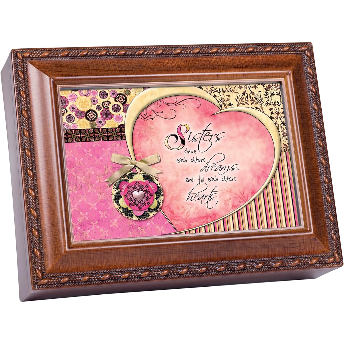 Cottage Garden Sisters Share Each Others Dreams Wood Grain Rope Trim Jewelry Music Box Plays You are My Sunshine