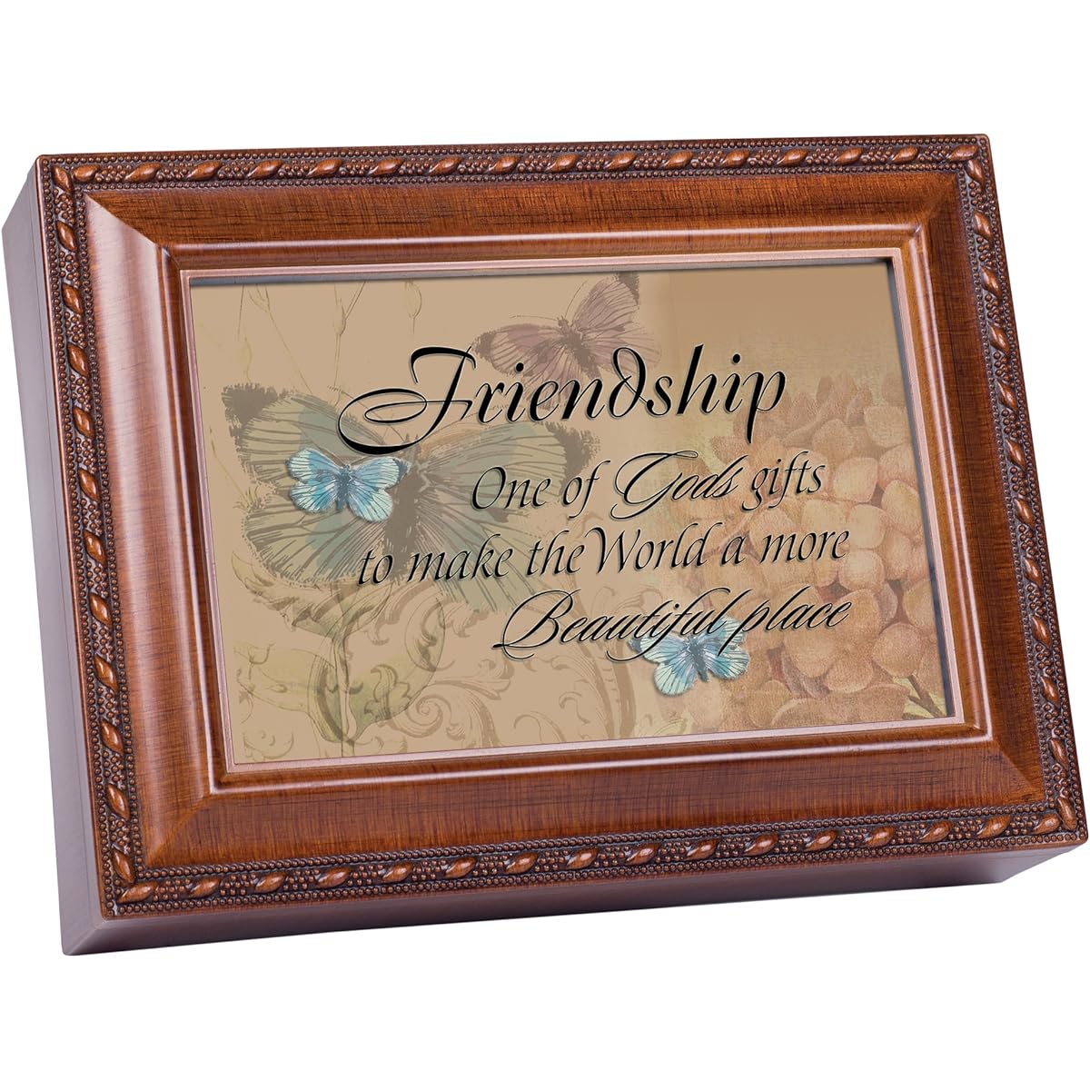 Cottage Garden Friendship Butterfly Wood Grain Rope Trim Music Box "That's What Friends are for"