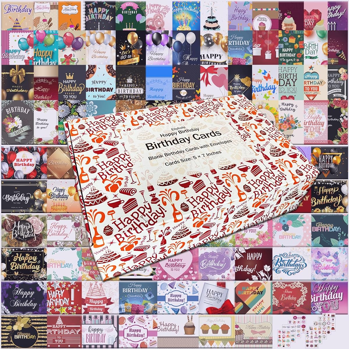 104 Uniquely Designed Birthday Cards 5 x 7 Inch Happy Birthday Cards with Bulk Blank Messages, Envelopes and Stickers, Birthday Greeting Cards in Bulk Durable Box Set for Kids Men Women Seniors (104 Sets)