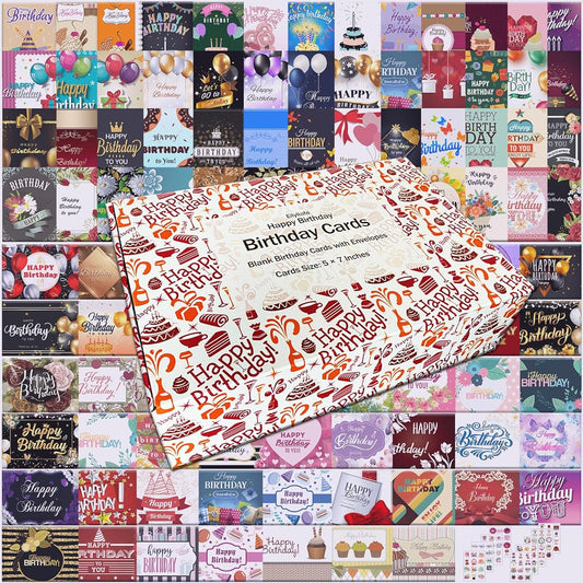 104 Uniquely Designed Birthday Cards 5 x 7 Inch Happy Birthday Cards with Bulk Blank Messages, Envelopes and Stickers, Birthday Greeting Cards in Bulk Durable Box Set for Kids Men Women Seniors (104 Sets)