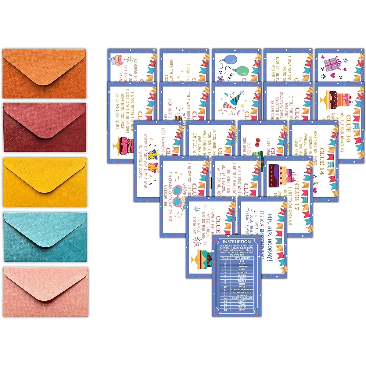 Happy Birthday Treasure Hunt Clue Game Cards, Birthday Party Scavenger Hunt Card Game (20 Cards with Colorful Envelopes), Indoor Outdoor Party Game Supplies for Children Adults Family Teachers Students (A06)