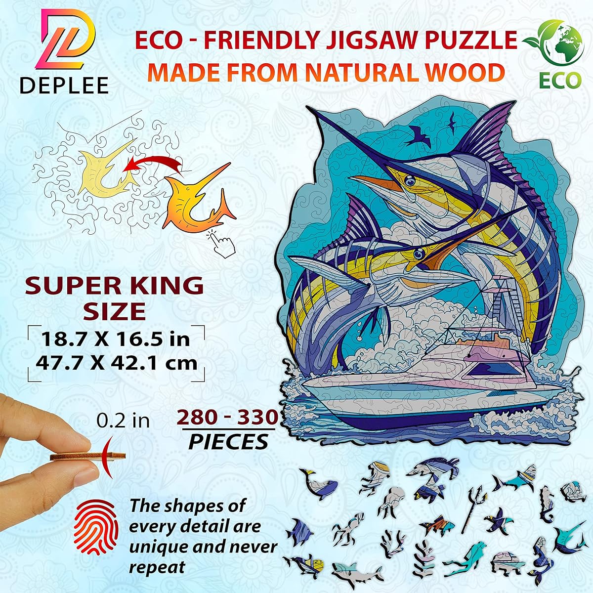 DEPLEE Wooden Puzzles for Adults Fish Wooden Jigsaw Puzzle Unique Shape Wooden Animal Puzzle Creative Challenge for Adults, Family and Friends|280-330 Pieces-18.7x16.5 Inch|Super King