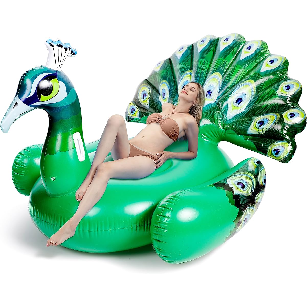 Sloosh Inflatable Peacock Pool Float, Giant Green Raft Ride On Summer Pool Beach Float Swim Party Toy Island Lounge for Adults & Kids