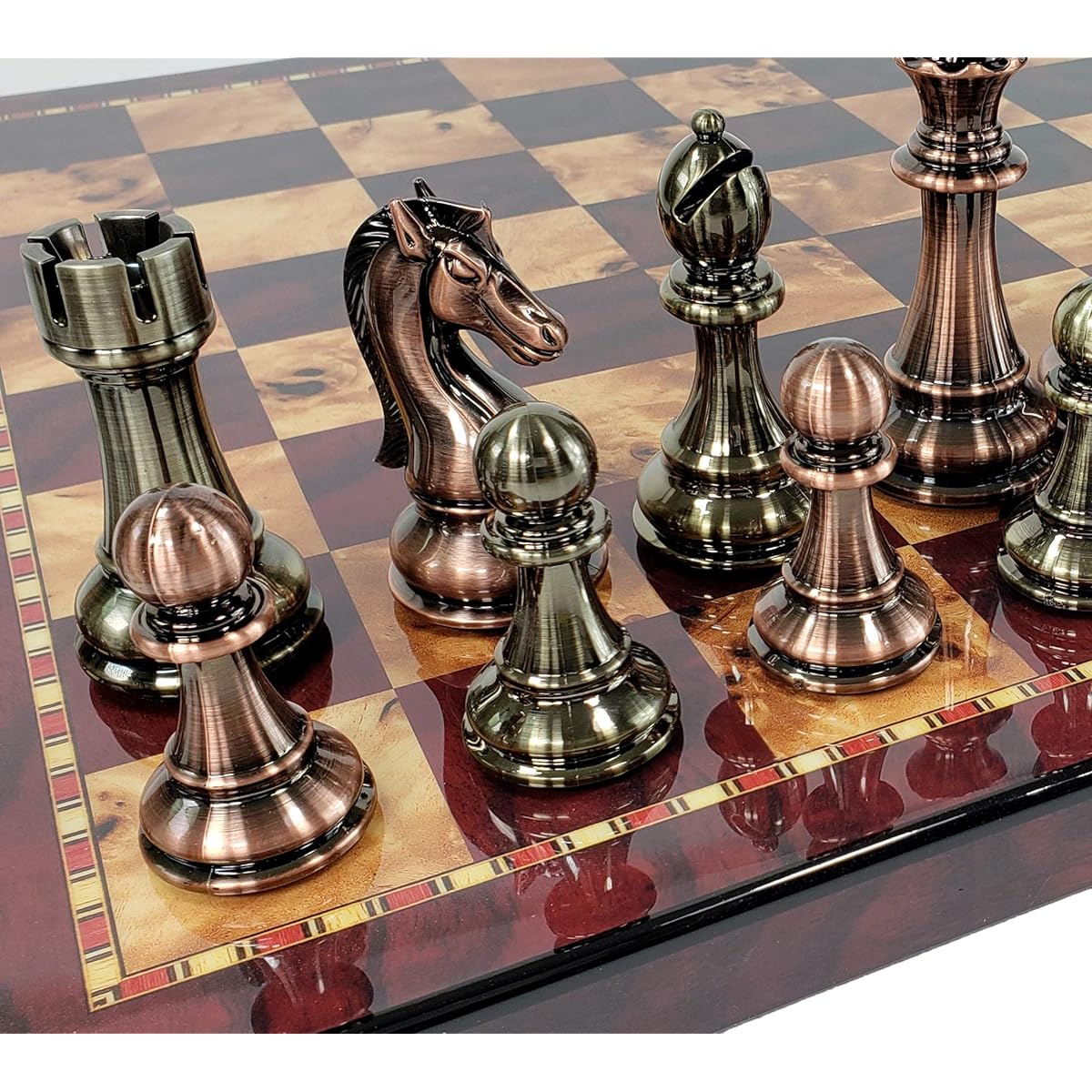 Large 4 3/8" King Copper & Gold Finish Stanton Chess Set 18" Cherry Color Board