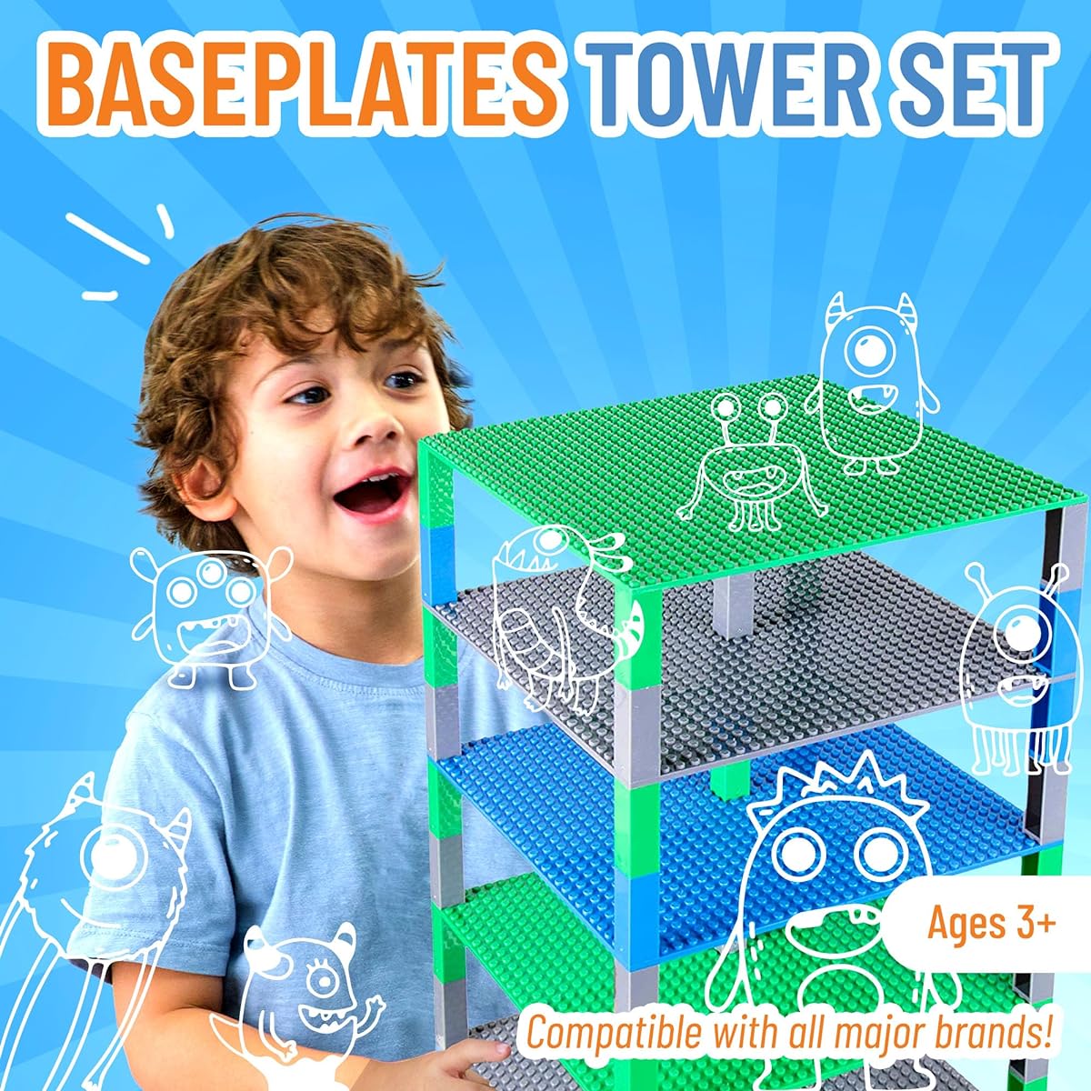 Strictly Briks Brick Tower Base Plate Set (50 6-Piece Stackers) Green/Blue/Grey