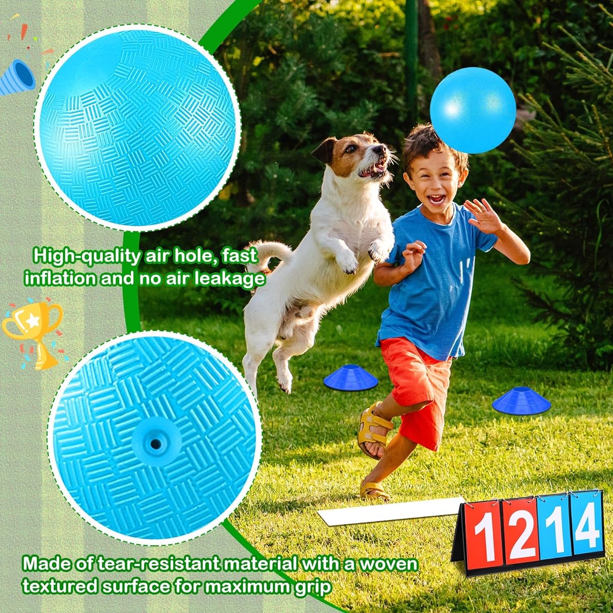 Jenaai 18 Piece Sports Kickball Set, 10 Inch Playground Balls, 5 Rubber Throwdown Bases, Ball Pump, Scoreboard, Net Bag, Foul Line Cones, 10 Pieces for Kids Adults Playground School Backyard Games