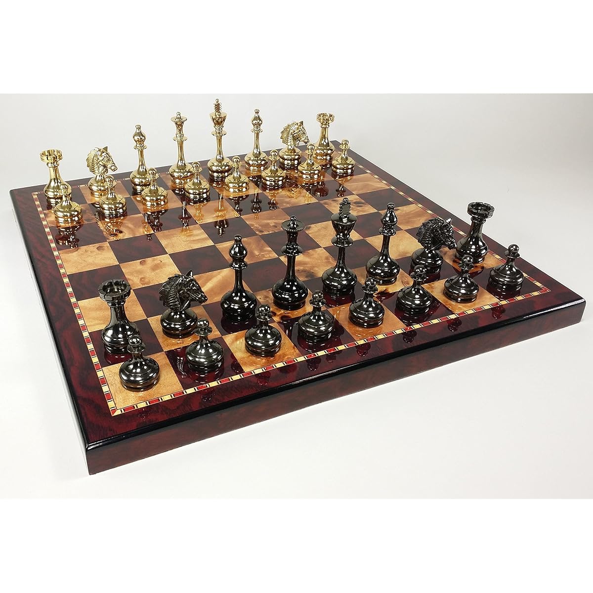 Real Brass Metal Staunton Bridled Knight Chess Set Gold and Black Chrome Cherry Color Board