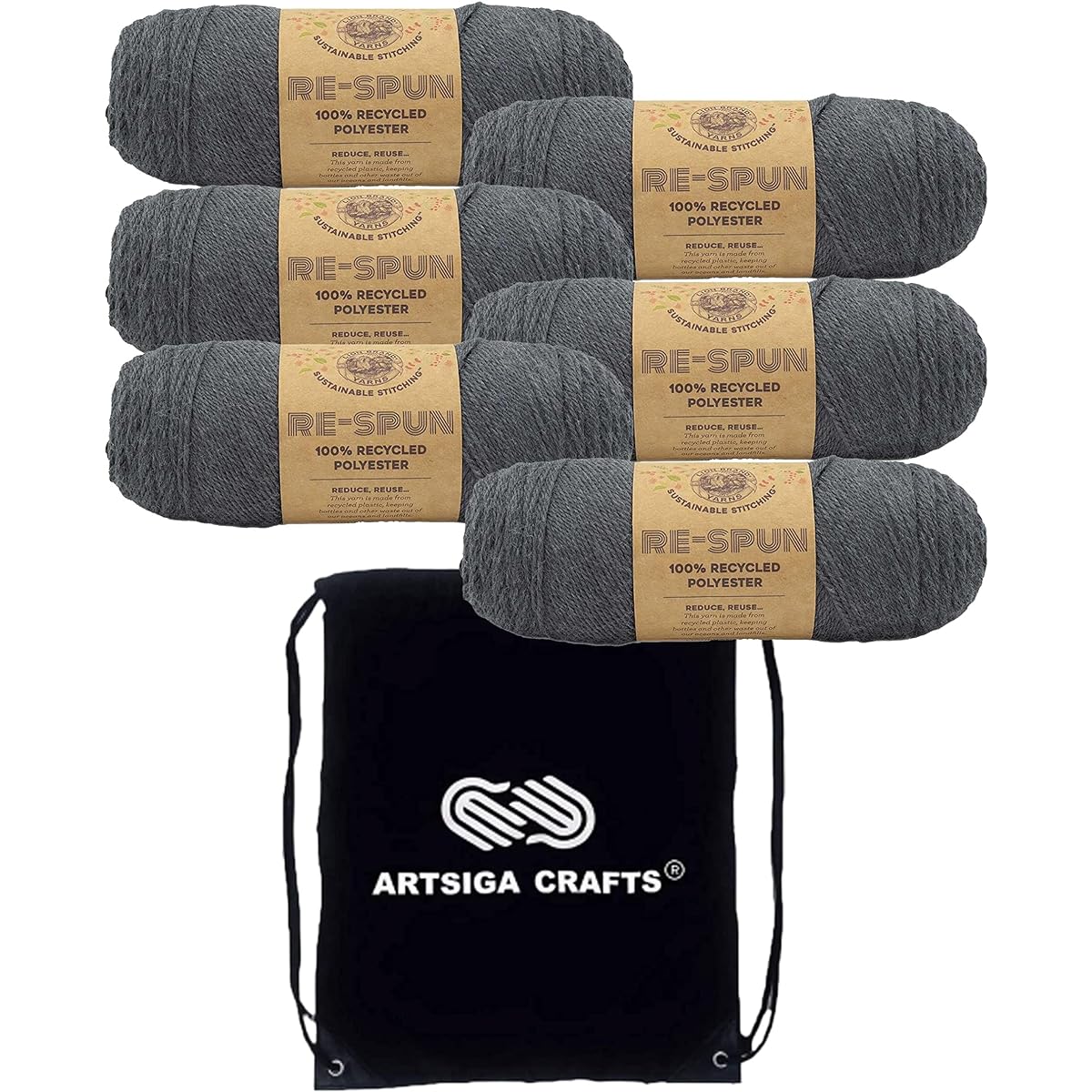 Lion Brand Respun Mercury 138-150 (6 Skeins) Same Dye Lot Worsted Medium #4 Soft Knit Yarn Crochet 100% Recycled Polyester Bundle Includes 1 Artsiga Craft Bag