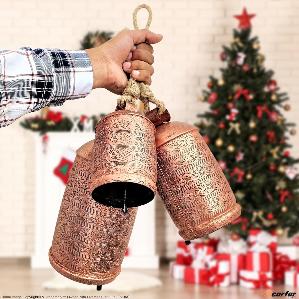 Carfar Rustic Copper Style Large Bell Set of 3 Handmade Metal Harmony Christmas Hanging Cowbell Complete Set with Jute Rope