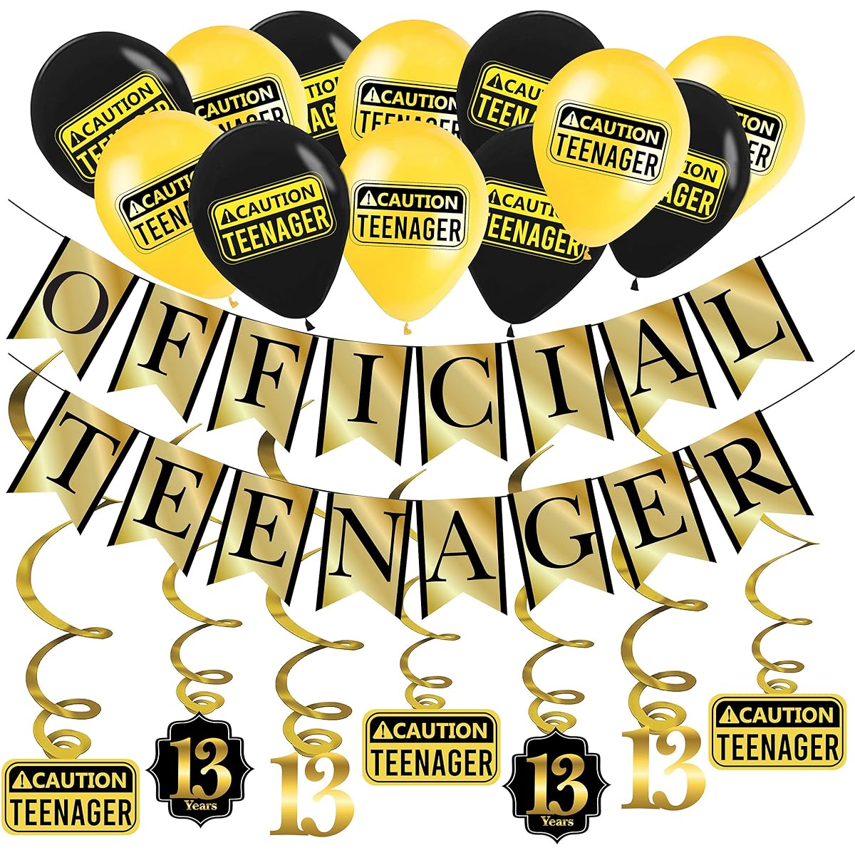 Funny Official Teenager 13th Birthday Party Pack - Gold & Black 13th Birthday Party Supplies, Decorations and Favors