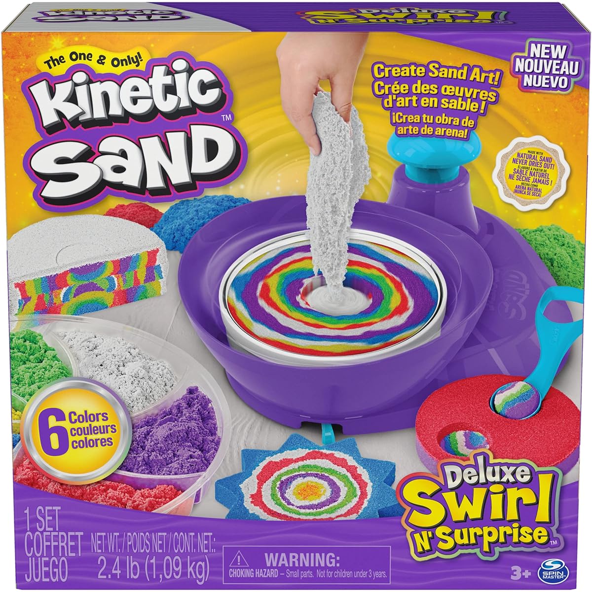 Deluxe Swirl N’ Surprise Playset, 2.5lbs of Play Sand (Red, Blue, Green, Yellow, White and Purple), 4 Tools, Sensory Toys for Kids 3 and up
