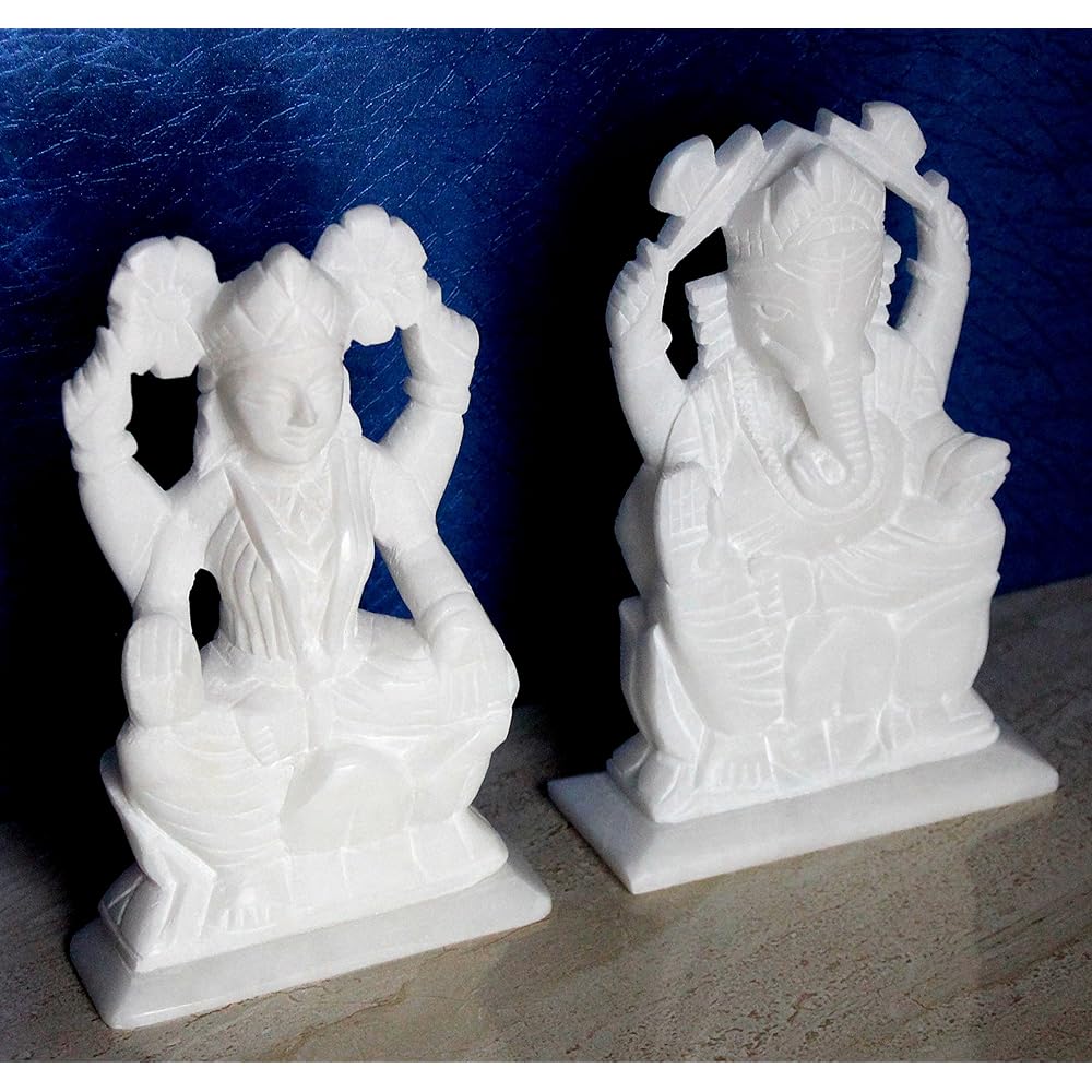 StonKraft - 7 Inch (Big Size) - Ganesha Lakshmi Idol - Handmade Indian Marble Puja Ganesha Ganpati Ganesha Lakshmi Idol Statue, Murti