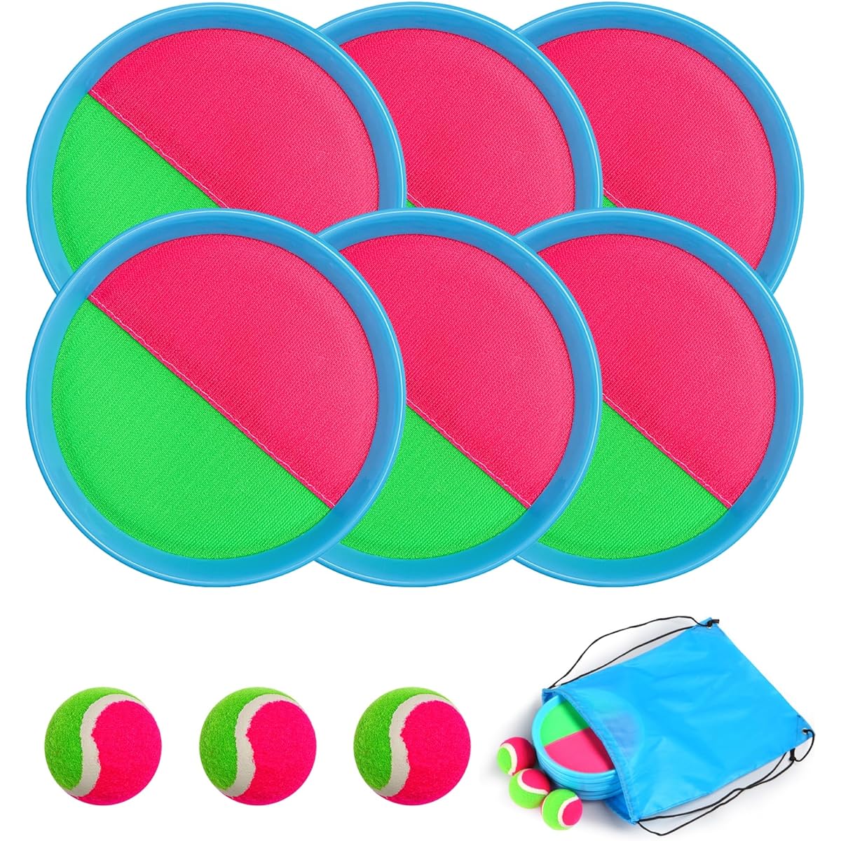 Throw and Catch Ball Game Set, Catch Game Toys, Beach Toys, Paddle Ball Game Set with 6 Paddles and 3 Sticky Balls, Carrying Bag, Outdoor Sports Set, Playground Set for Kids/Family