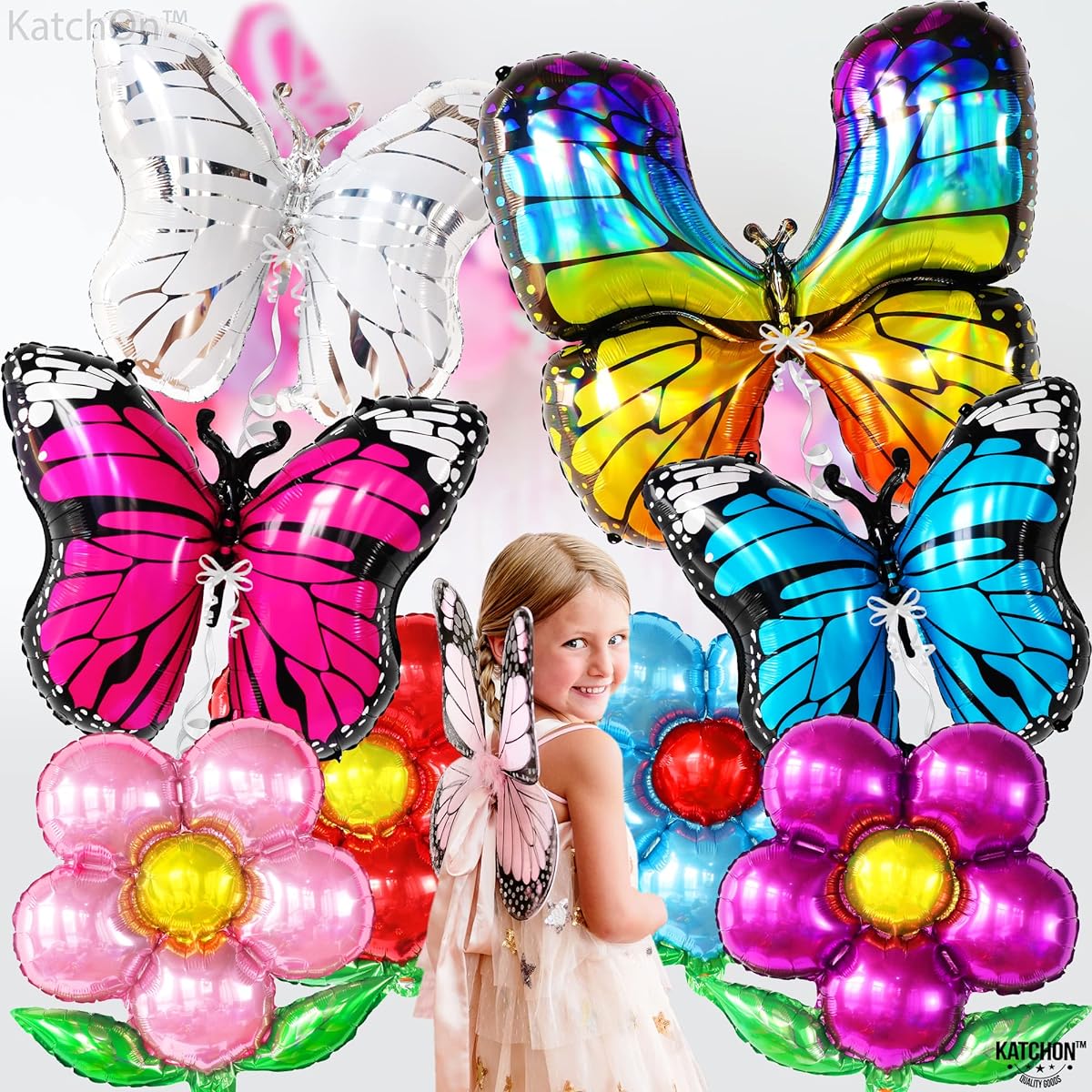 Multicolor butterfly and flower foil balloons