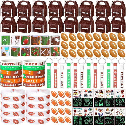 Aoriher 192pcs Sports Party Favors, Sports Slap Bracelets, Keychains, Bouncy Balls, Silicone Bracelets, Hair Ties, Wristbands, Gift Box Erasers, Luminous Tattoos, Sports Theme Party Supplies (Football)