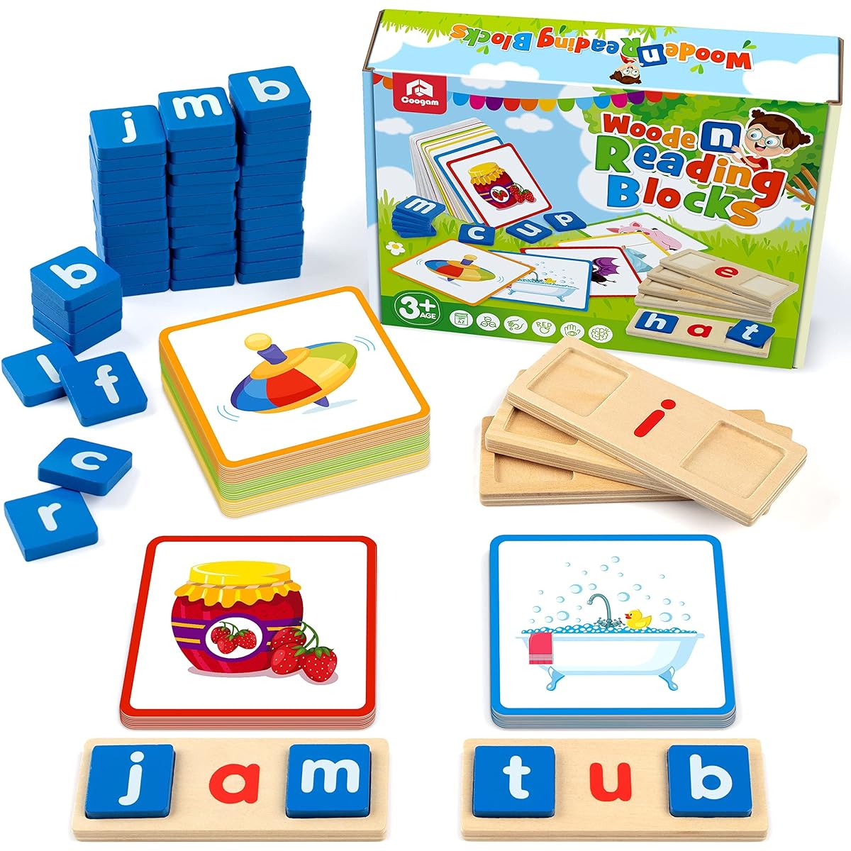 Coogam Wooden Short Vowel Reading Letters Sorting Spelling Games, Sight Words Flashcards Alphabet Puzzle Montessori Educational Toy Gift for Kids 3 4 5 Years Old