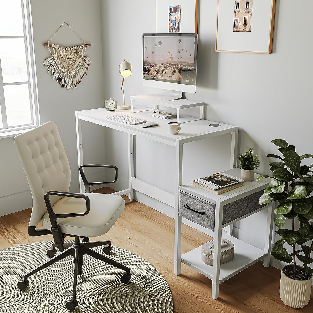 CubiCubi Desk, Movable Top Board, Adjustable Height, Comes with Rack, Comes with Drawers, Living Alone, Convenient Storage, Computer Desk, Study Desk, Width 80cm x Depth 40cm, White