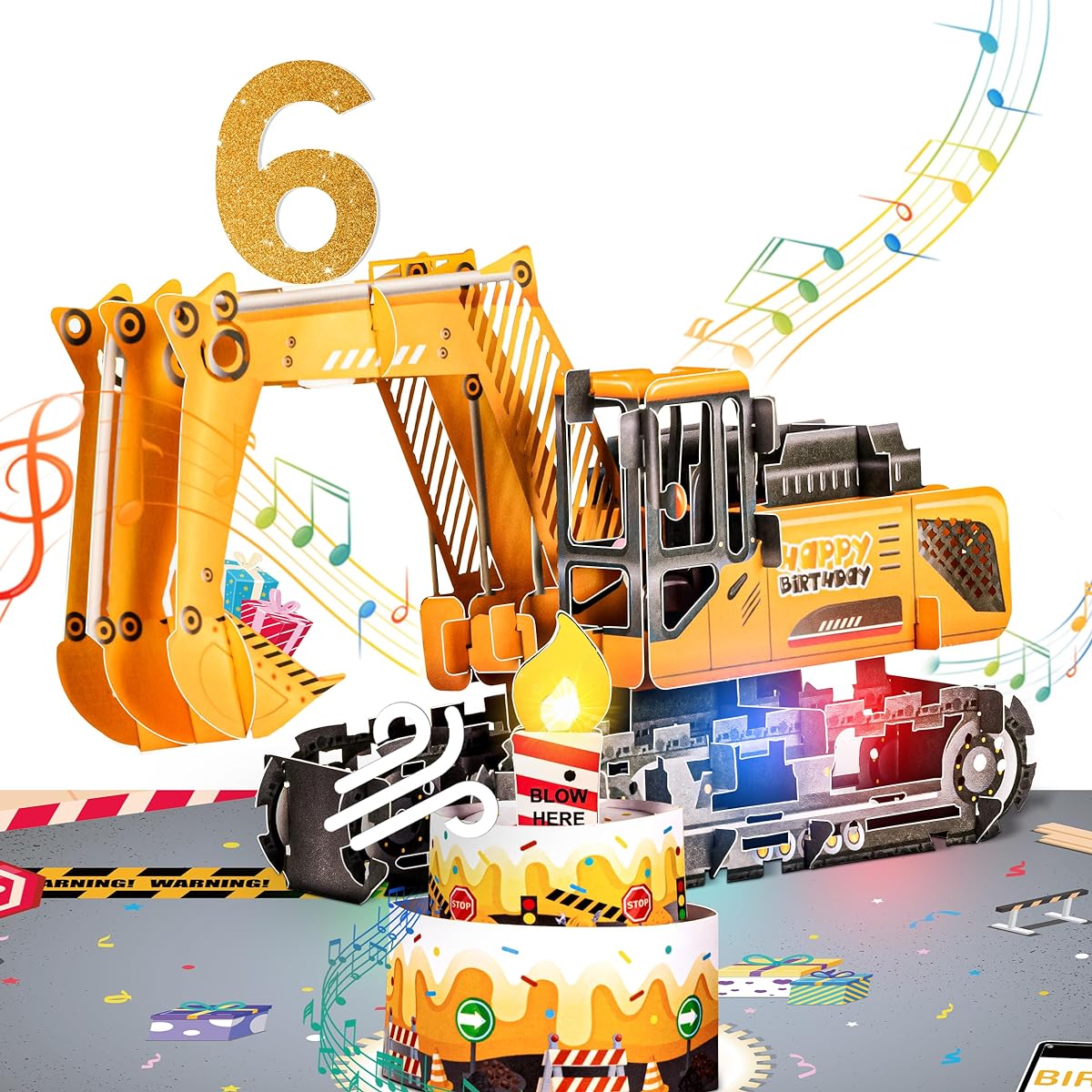 JMPOY Excavator 3D Pop Up Birthday Card with Lights, Blowout Candles, Happy Birthday Song, Funny Construction Vehicle Greeting Card for 6 Year Old Kids/Boys/Grandchildren with Envelope