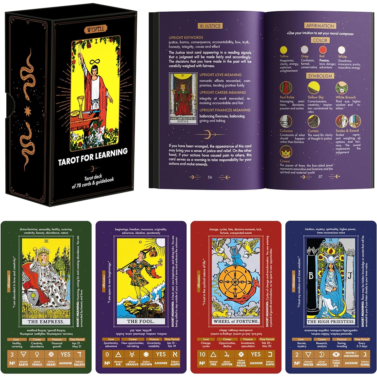 Wyspell Learning Tarot - Tarot Cards with Meaning - Beginner Tarot Deck with Meaning - Tarot Cards for Beginners with Guidebook