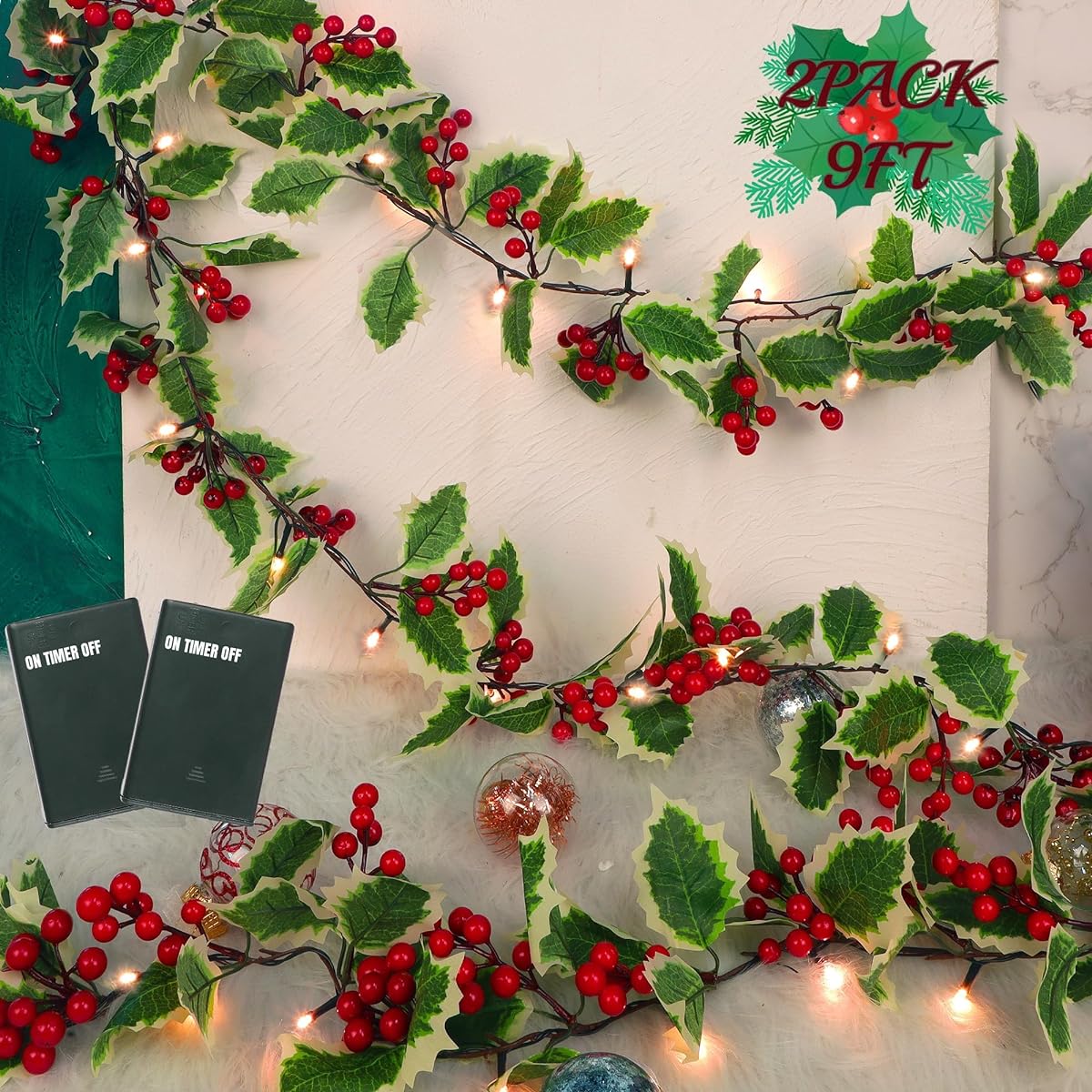 Juegoal Christmas Garland, 2 Pack 9ft Pre-Lighted Red Berry & Holly Leaf Garland, Artificial Lighting Garland Battery Operated with Timer for Indoor Outdoor Christmas Fireplace Gate Home Winter New Year Decoration