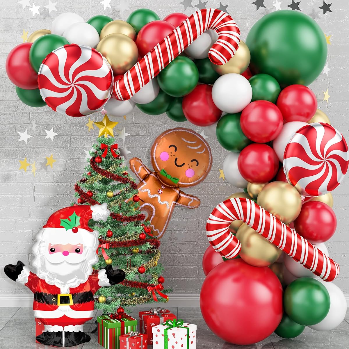 Christmas Balloon Garland Arch Christmas Balloon Garland Arch Kit with Candy Cane Gingerbread Man Santa Claus Foil Balloons Red Green Metallic Gold Balloon Decorations for Christmas New Year Party