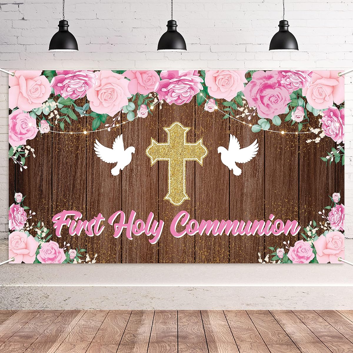 CUweipeng XtraLarge First Communion Background Banner Pink Girl God Bless Baptism Party Decoration First Communion Confirmation Baby Girl Baptism Devotion Photo Props Backdrop 78.7 x 42.5 inches