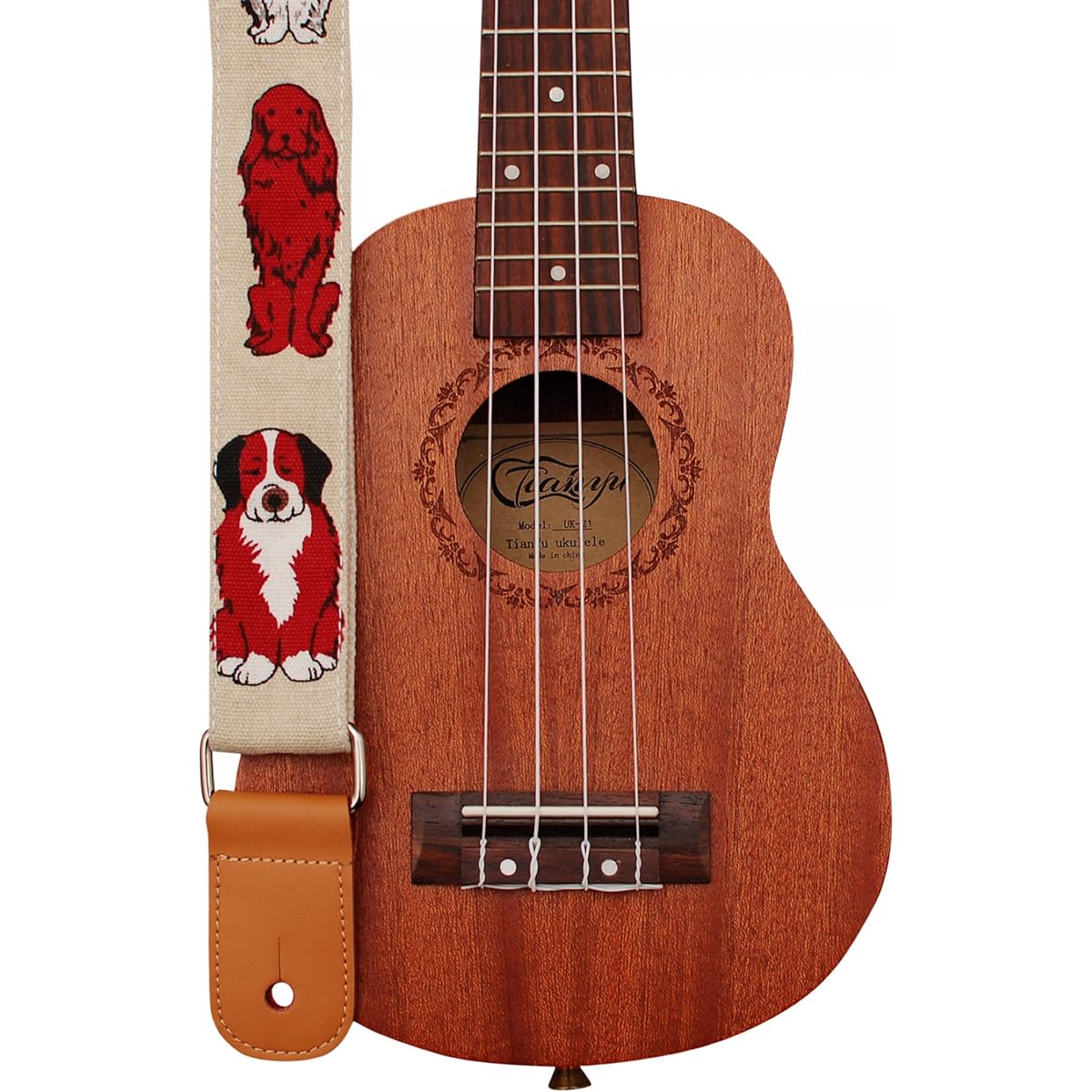 MUSIC FIRST Original Design "MR Dog" Soft Cotton & Genuine Leather Ukulele Strap Ukulele Shoulder Strap.