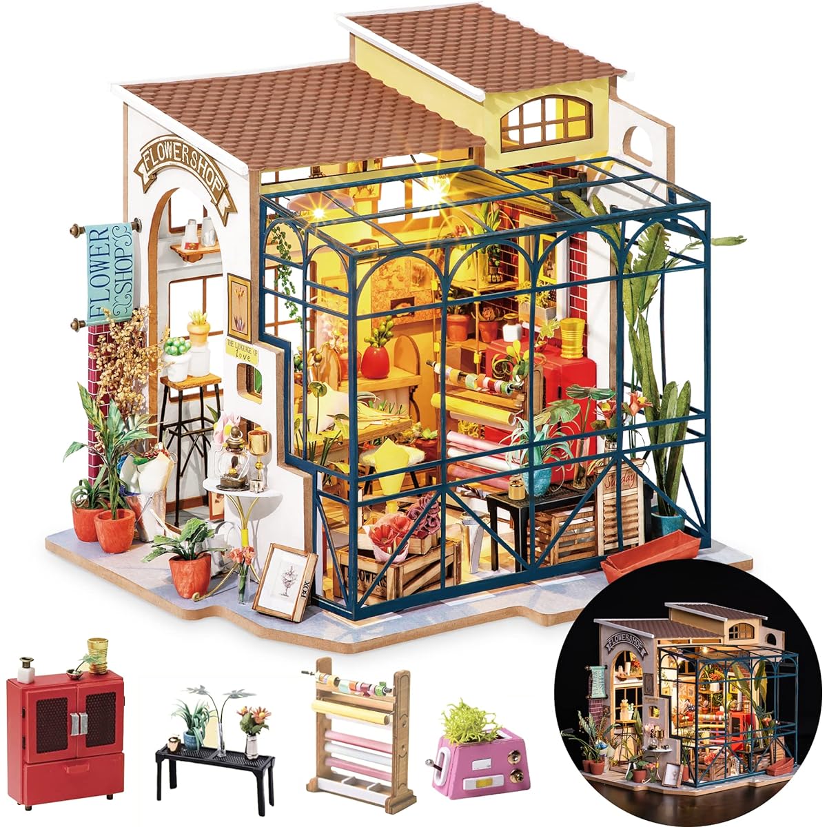 Rolife DIY Miniature House Kit Small Model House for Adults to Assemble Mayberry Street Miniature Model Kit with Lights DIY Craft/Birthday Gift/Home Decoration for Family and Friends (Emily's Flower Shop)