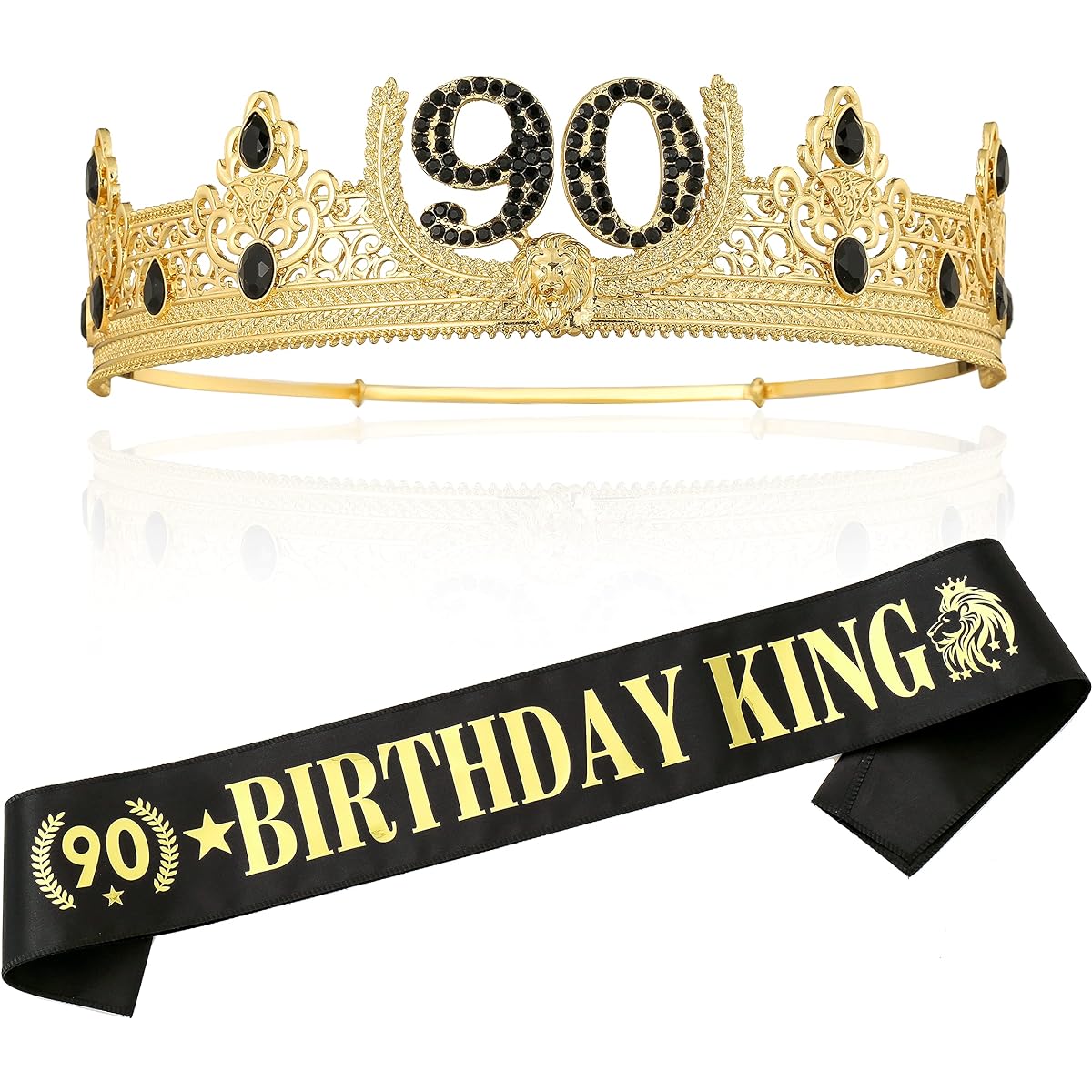 90TH Birthday King Crown Birthday King Sash 90TH Birthday Gift for Men Birthday Party Decorations for Men (Gold)