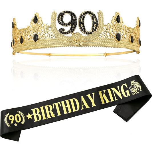 90TH Birthday King Crown Birthday King Sash 90TH Birthday Gift for Men Birthday Party Decorations for Men (Gold)