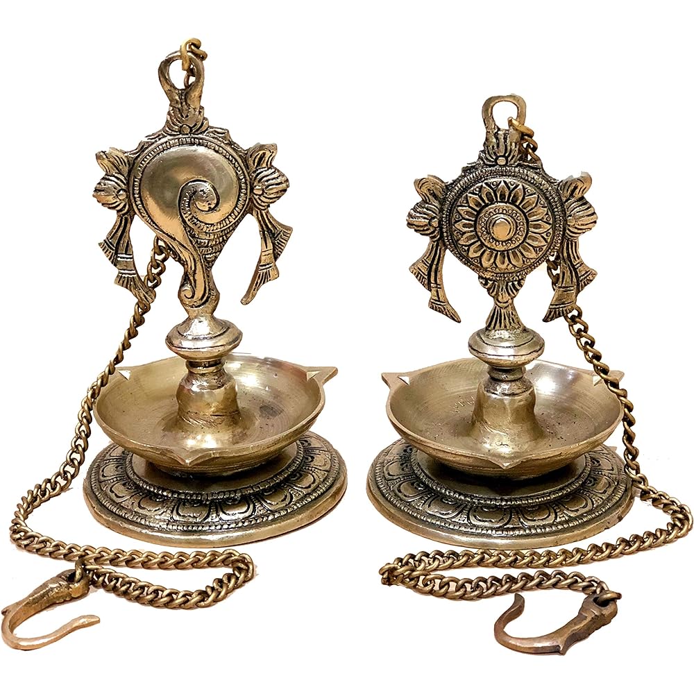 StonKraft Ideal Gift - Pair Of Brass Hanging Diya, Oil Lamp, Lamp For Home and Office (Hanging Length 70cm)