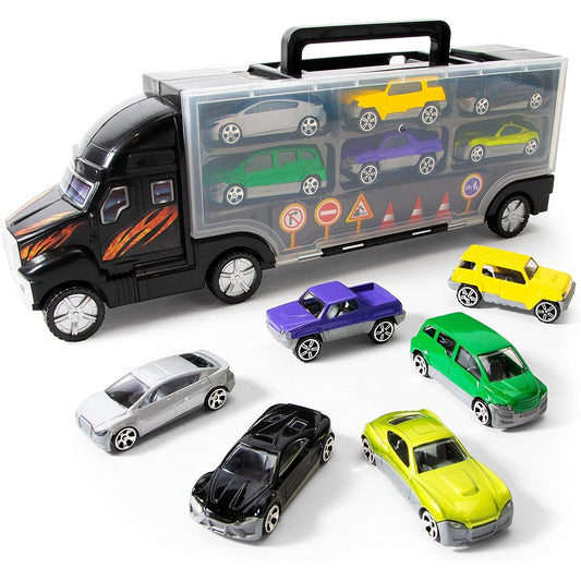 Boley Diecast Car Truck Carrier - 14 Piece Toy Trucks Vehicles Traffic Sign Playset for Kids and Toddlers Boys Girls Ages 3+