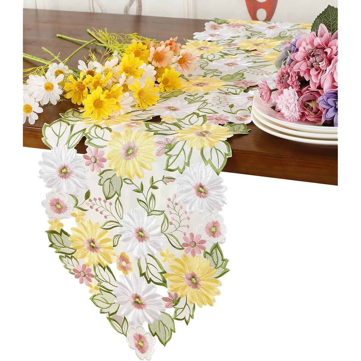Floral Embroidered Table Runner Applique Floral Daisy Cutwork Embroidered Table Linen Home Kitchen Dining Tabletop Decor (Yellow Runner 13" x 54")