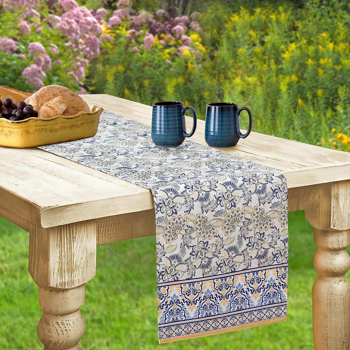 Home Bargains Plus Provence Allure Arabesque Yellow and Blue Floral Border Country French Fabric Indoor Outdoor Stain and Waterproof Table Runner 70 Inch Long Table Runner