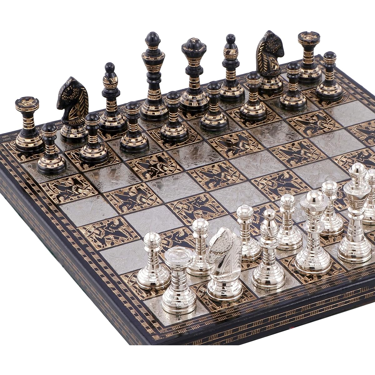 Brass Chess Board Game Set 12" x 12" Unique Premium 100% Handcrafted for Professionals and Adults (Silver and Black) by INDUS LIVING Medium