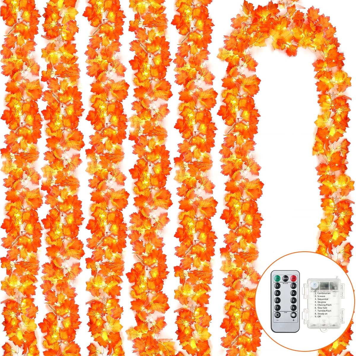 Retisee Thanksgiving Decorations Fall Decor Maple Leaf String Lights with Timer and Remote, 20ft 60 LEDs Battery Operated Waterproof Garland, 8 Lighting Modes for Indoor Outdoor (Orange, Warm White, 6 Pieces)