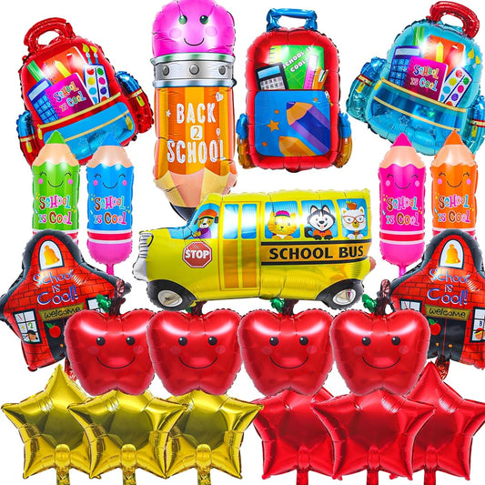 21pcs Back to School Foil Balloons, School is Cool Aluminum Balloons, First Day of School Balloons, Bus Pencils, Star Balloons, Welcome Back Party Decorations for Classroom Kindergarten