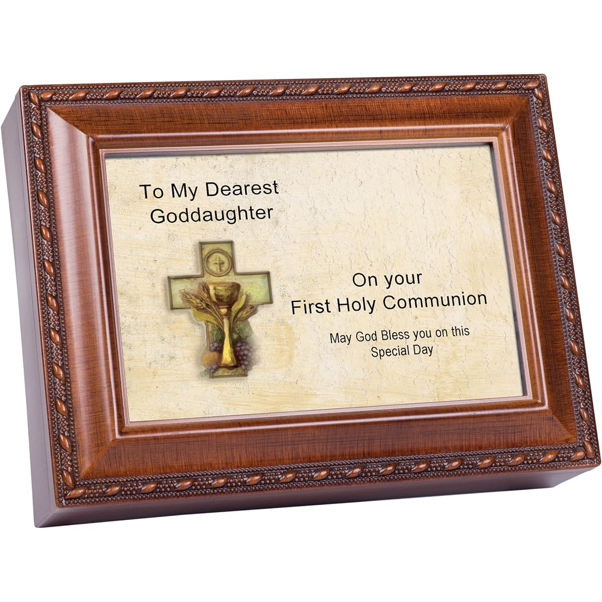 Cottage Garden First Communion Church Girl "Light Up My Life" Music Box/Jewelry Box Wood Grain