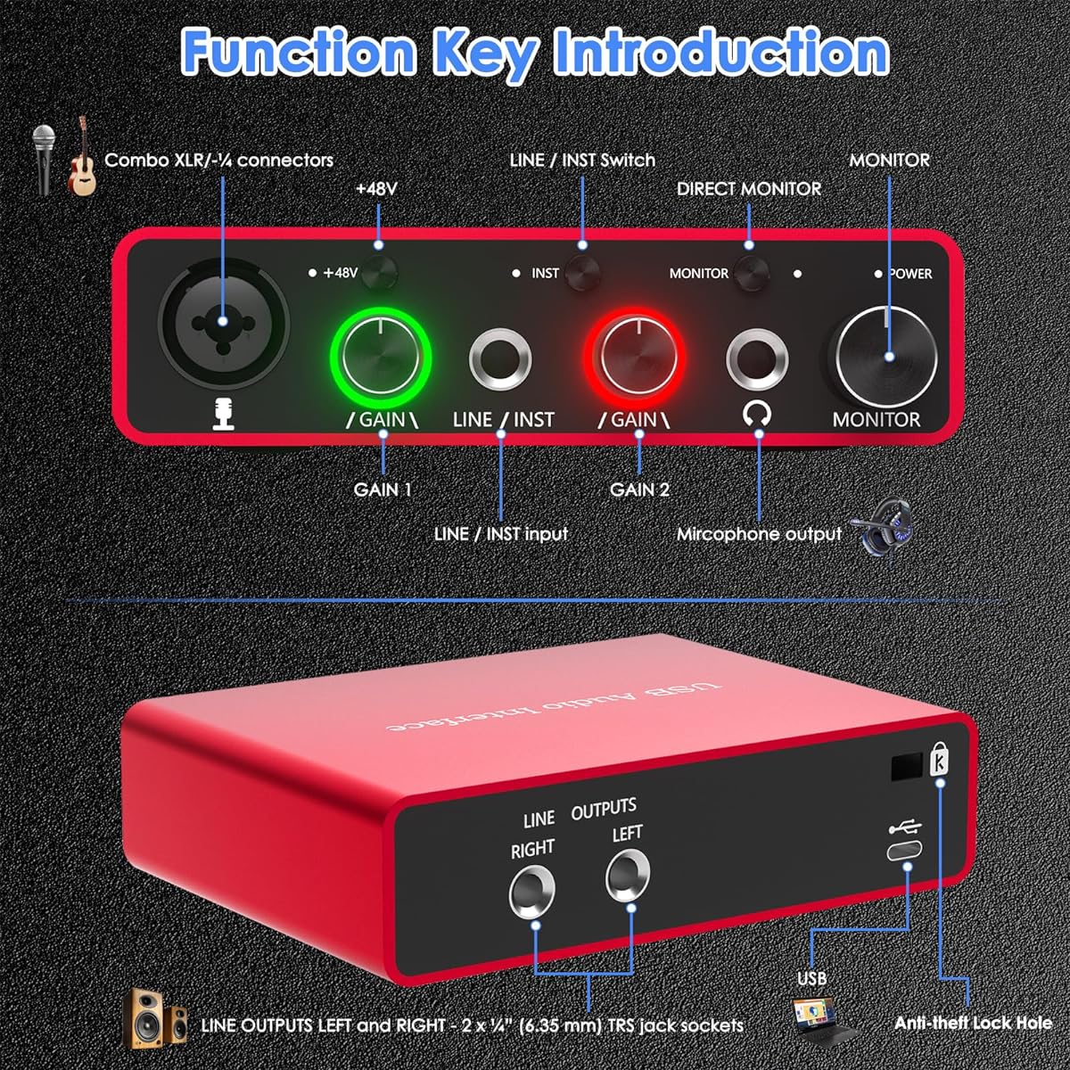 OseTub USB Audio Interface Solo 24-bit/192kHz 48V Phantom Power Compatible with Most DAWs and Recording Software USB Audio Interface Perfect for Podcast Recording and Live Streaming Plug and Play, OT-AR001B