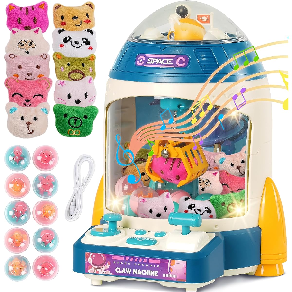 Bambibo Mini Claw Machine for Kids, Blue Rocket Vending Machine for Kids, Mini Arcade Game for 3-8 Years Old, Mini Arcade Machine with Music Tunes, Small Arcade Machine for Home Use