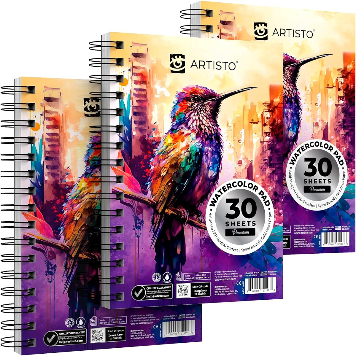 ARTISTO Watercolor Pads 5.5x8.5 inch 3 Pack (90 Sheets) Spiral Bound Acid Free Paper 140lb (300gsm) Perfect for Most Wet & Dry Media, Great for Beginners/Artists/Professionals