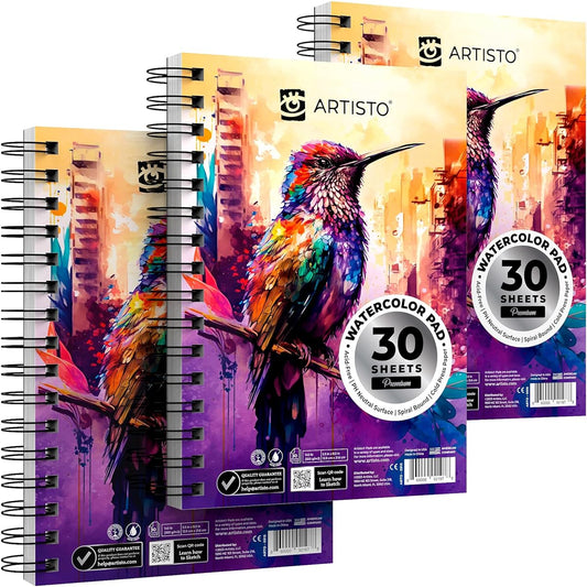 ARTISTO Watercolor Pads 5.5x8.5 inch 3 Pack (90 Sheets) Spiral Bound Acid Free Paper 140lb (300gsm) Perfect for Most Wet & Dry Media, Great for Beginners/Artists/Professionals