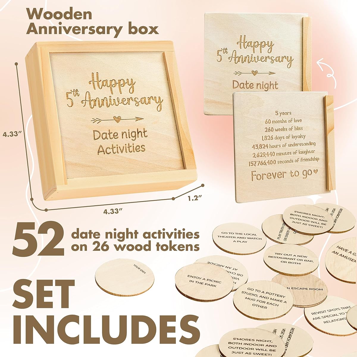 STOFINITY 5 Year Date Ideas - Anniversary Wooden Gifts for Her, Wooden Date Night Dice, Gifts for Him, 5th Anniversary Wooden Box Present