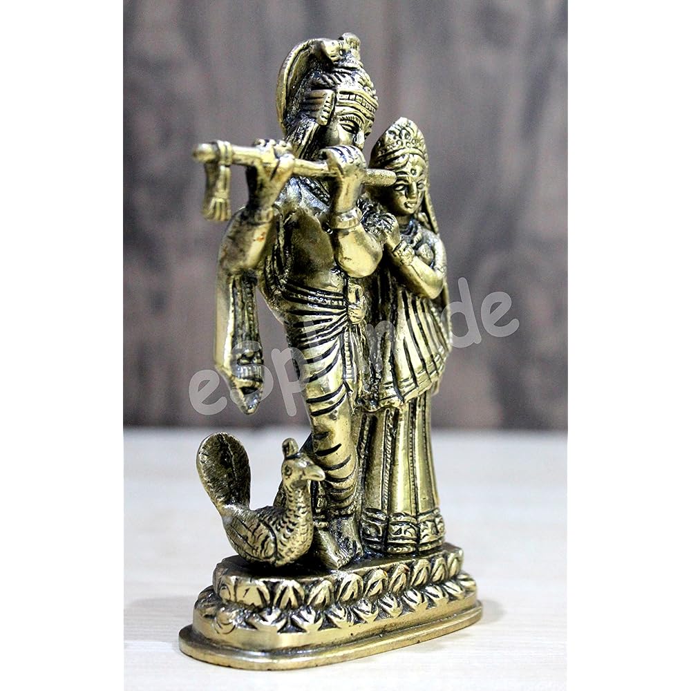 StonKraft Radha Krishna Pair Murti Idol Statue Sculpture - Antique 6" Brass Multicolor